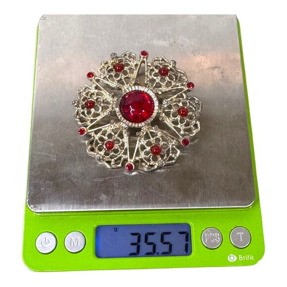 Sarah Coventry Vtg Gold Tone Brooch Red Rhinestones 2" Star Starburst Statement - Picture 5 of 5